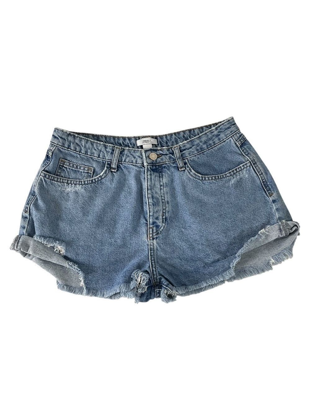 Forever 21 Premium Distressed Denim Shorts Size 30 Raw Hem Rolled Cuff High Rise